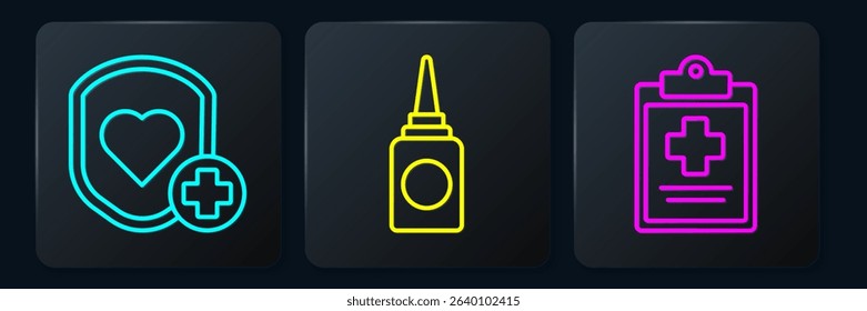 Set line Shield and heart rate, Medical clipboard with clinical record and Bottle nasal spray. Black square button. Vector