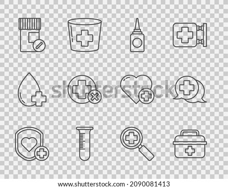 Set line Shield and heart rate, First aid kit, Bottle nasal spray, Test tube flask, Medicine bottle pills, Cross hospital medical, Magnifying glass for search and Dialogue with the doctor icon. Vector