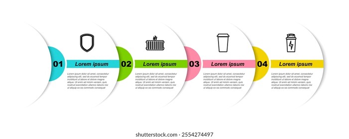 Set line Shield, Heating radiator, Coffee cup and Fitness shaker. Business infographic template. Vector