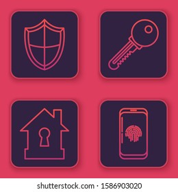 Set line Shield , House under protection , Key  and Smartphone with fingerprint scanner . Blue square button. Vector