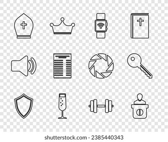 Set line Shield, Information desk, Smartwatch with wireless, Glass of champagne, Pope hat, Paper financial check, Dumbbell and Key icon. Vector