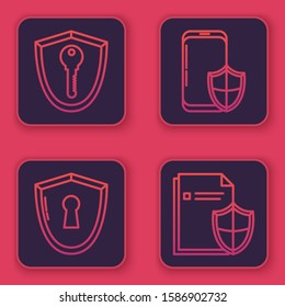 Set line Shield with key , Shield with keyhole , Smartphone with security shield  and Document protection concept . Blue square button. Vector