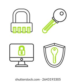 Set line Shield with key, Lock on computer monitor screen, Key and Safe combination lock icon. Vector