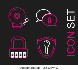 Set line Shield with key, Safe combination lock, Protection of personal data and Ringing alarm bell icon. Vector