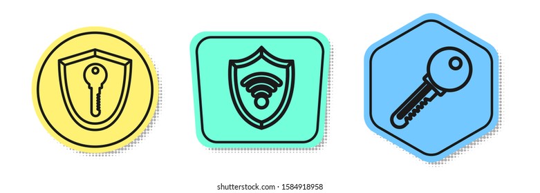 Set line Shield with key , Shield with WiFi wireless internet network and Key . Colored shapes. Vector