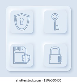 Set line Shield with keyhole , Key , SD card and shield  and Safe combination lock . White square button. Vector