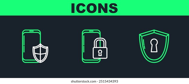 Set line Shield with keyhole, Smartphone security shield and closed padlock icon. Vector