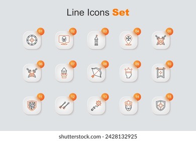 Set line Shield, King with crown, Mace spikes, Medieval arrows, flag,  and bow and icon. Vector