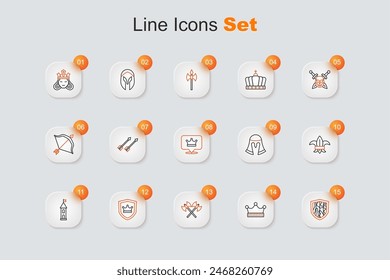 Conjunto de línea Escudo, corona del rey, cruzado ejes medievales, con, torre del castillo, flor de la flor de la flor del lirio, casco medieval e icono. Vector