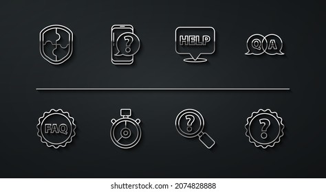 Set line Shield, Label with text FAQ, Question and Answer, Unknown search, Stopwatch, Mobile phone question, mark and Speech bubble Help icon. Vector