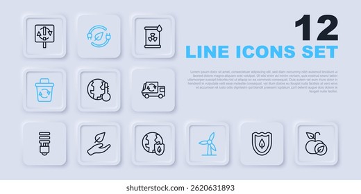 Set line Shield with leaf, Apple, Earth melting to global warming, Wind turbine, Recycle, Leaf hand, Electric saving plug and shield icon. Vector