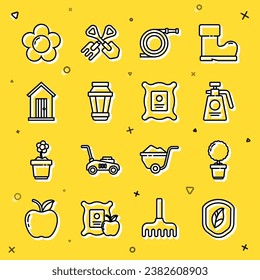 Set line Shield with leaf, Flower in pot, Garden sprayer for fertilizer, hose fire hose, light lamp, Farm house,  and Pack full of seeds of plant icon. Vector