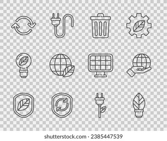 Set line Shield with leaf, Light bulb, Trash can, Recycle symbol inside shield, Refresh, Earth globe and, Electric saving plug and Hand holding icon. Vector