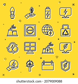 Set line Shield with leaf, Location, Paper bag recycle, Battery, Electrical outlet, Factory, Light bulb and Global energy power planet icon. Vector