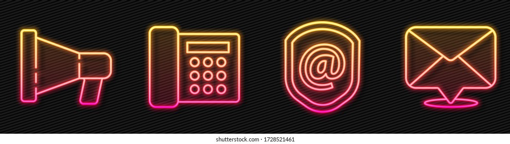 Establezca el Escudo de línea con correo y correo electrónico, Megáfono, teléfono y sobres. Icono de neón brillante. Vector