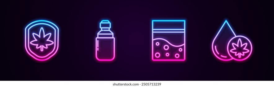 Set line Scudetto y hoja de marihuana, Marihuana o aceite de oliva de cannabis, Bolsa de plástico y .. Icono de neón brillante. Vector