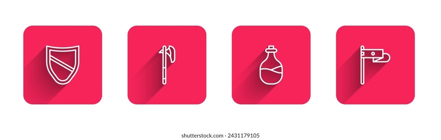Set line Escudo, hacha medieval, botella de vino vieja y bandera con sombra larga. Botón cuadrado rojo. Vector