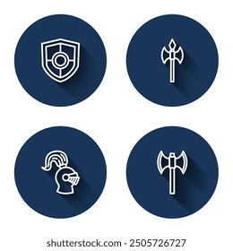 Set line Shield, Medieval axe, helmet and poleaxe with long shadow. Blue circle button. Vector