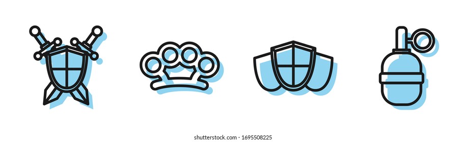 Linienschild, mittelalterliches Schild mit gekreuzten Schwertern, Messingknuckeln und Handgranatsymbol. Vektorillustration