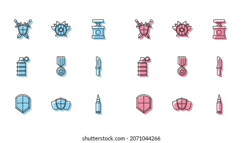 Escudo de línea, escudo medieval con espadas cruzadas, bala, medalla de recompensa militar, cuchillo, granada de mano e icono de ejes. Vector