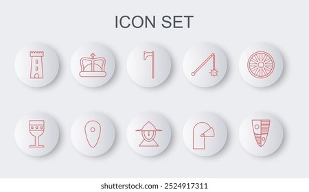 Set-Linie Schild, mittelalterlichen Kelch, Axt, Eisen Helm, Burg Turm, König Krone, und Symbol. Vektorgrafik