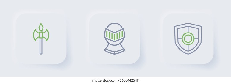 Set line Shield, Medieval helmet and axe icon. Vector