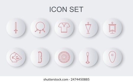 Set line Shield, Medieval iron helmet, Body armor, Torch flame, sword, Old keys, bow and wooden wheel icon. Vector