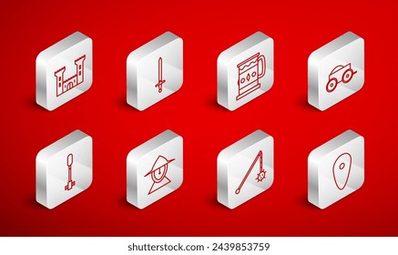 Set line Shield, Medieval sword, Wooden mug, four-wheel cart, chained mace ball, Castle, iron helmet and Torch flame icon. Vector