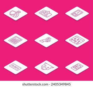 Fijar el Escudo de línea y la bolsa de dinero, el distintivo de identificación, el móvil con dólar, la calculadora, la mano con bitcoin, el navegador, el coste cero y el icono del mercado de toros. Vector