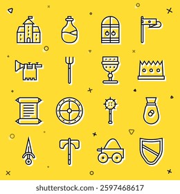 Set line Shield, Old money bag, King crown, Medieval castle gate, Garden pitchfork, Trumpet with flag, Castle, fortress and goblet icon. Vector