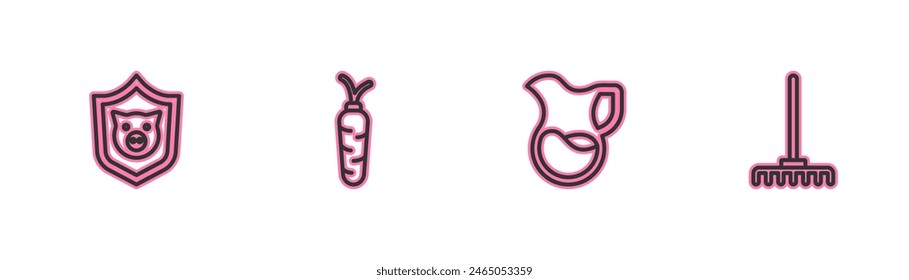 Set line Shield with pig, Jug glass milk, Carrot and Garden rake icon. Vector