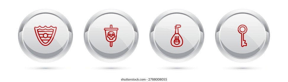 Set line Shield, Pirate flag, Lute and Old key. Silver circle button. Vector