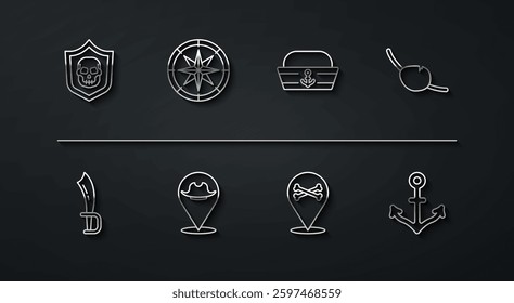Set line Shield with pirate skull, Pirate sword, eye patch, Location, Compass, Anchor and Sailor hat icon. Vector