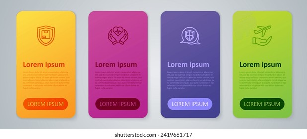Fijar el Escudo de línea, el Avión en mano, la seguridad de entrega con el escudo y el seguro de vida. Plantilla de infografía empresarial. Vector