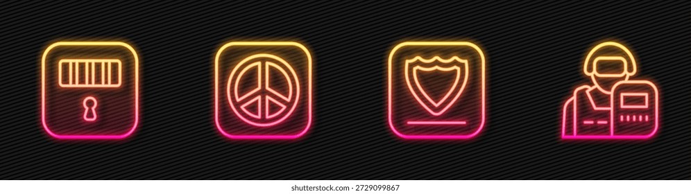 Set line Shield, Prison cell door, Peace and Police officer. Glowing neon icon. Vector