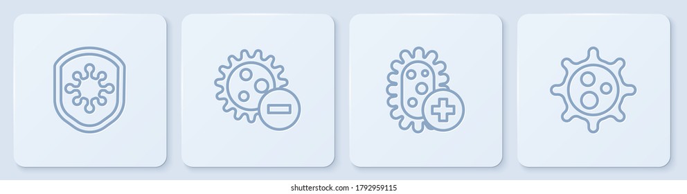 Set line Shield protecting from virus, Positive, Negative and Virus. White square button. Vector