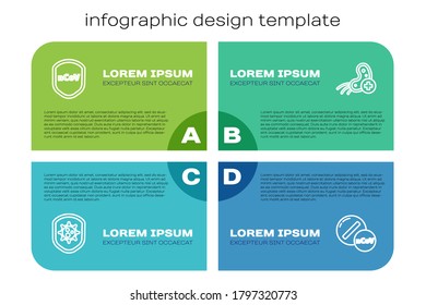 Set line Shield protecting from virus, , Medicine pill or tablet and Positive. Business infographic template. Vector