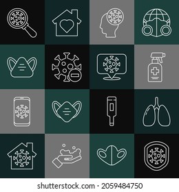 Set Line Shield Protecting From Virus, Lungs, Liquid Antibacterial Soap, Human And, Negative, Medical Protective Mask, Virus Under Magnifying Glass And Corona On Location Icon. Vector