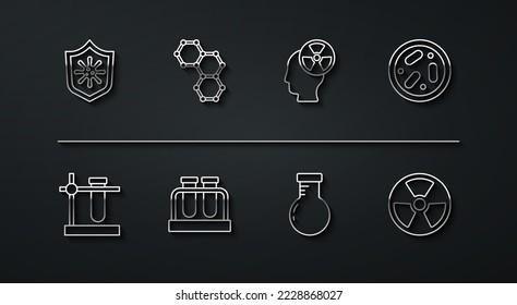 Set line Shield protecting from virus, Test tube flask on stand, Petri dish with bacteria, Chemical formula, Radioactive and Head radiation symbol icon. Vector