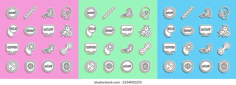 Ajuste el Escudo de línea que protege del virus, virus, positivo, barra del jabón, alta temperatura corporal humana, Corona 2019-nCoV e icono de ubicación. Vector