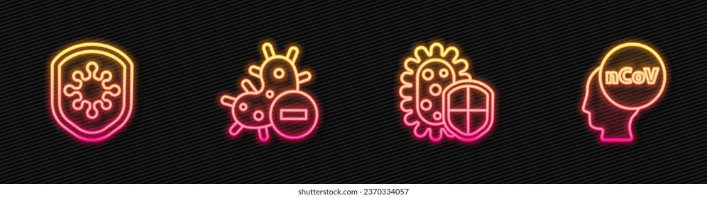 Set line Shield protecting from virus, , Negative and Corona 2019-nCoV. Glowing neon icon. Vector