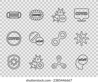 Set line Shield protecting from virus, Corona 2019-nCoV, Negative, Positive, Medical protective mask, Medicine pill tablet, Virus and  icon. Vector