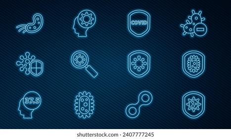 Set line Shield protecting from virus, Virus under magnifying glass,  and Human and icon. Vector