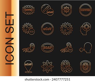 Set line Shield protecting from virus, Man coughing, Human and, Corona 2019-nCoV, Negative, covid-19 and Virus icon. Vector