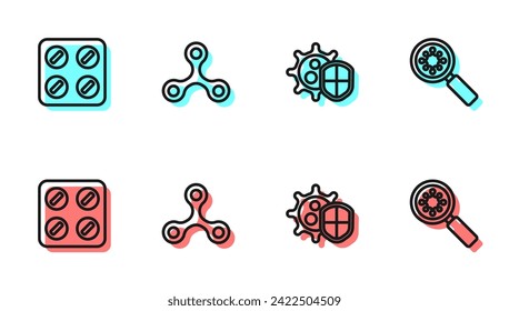 Set line Shield protecting from virus, Pills blister pack, Virus and under magnifying glass icon. Vector
