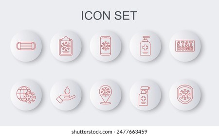 Set line Shield protecting from virus, Liquid antibacterial soap, Medical protective mask, Clipboard blood test results, Washing hands and Corona 2019-nCoV location icon. Vector
