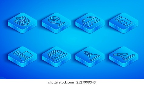 Set line Shield protecting from virus, Radioactive location, Safety goggle glasses, Test tube and flask, Alcohol or spirit burner,  and Microscope icon. Vector