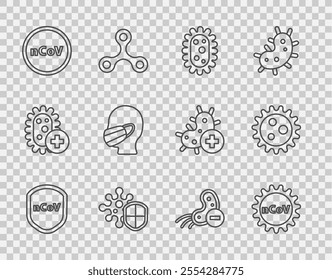 Set line Shield protecting from virus, Corona 2019-nCoV, Virus, Face medical protective mask, Negative and  icon. Vector