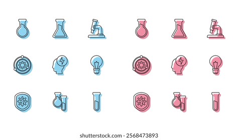 Set line Shield protecting from virus, Test tube and flask, Head electric symbol, Light bulb with concept of idea, Solar system and  icon. Vector