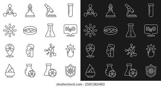 Set line Shield protecting from virus, Chemical explosion, formula for H2O, Microscope, Petri dish with bacteria, Bacteria, Molecule and Test tube and flask icon. Vector